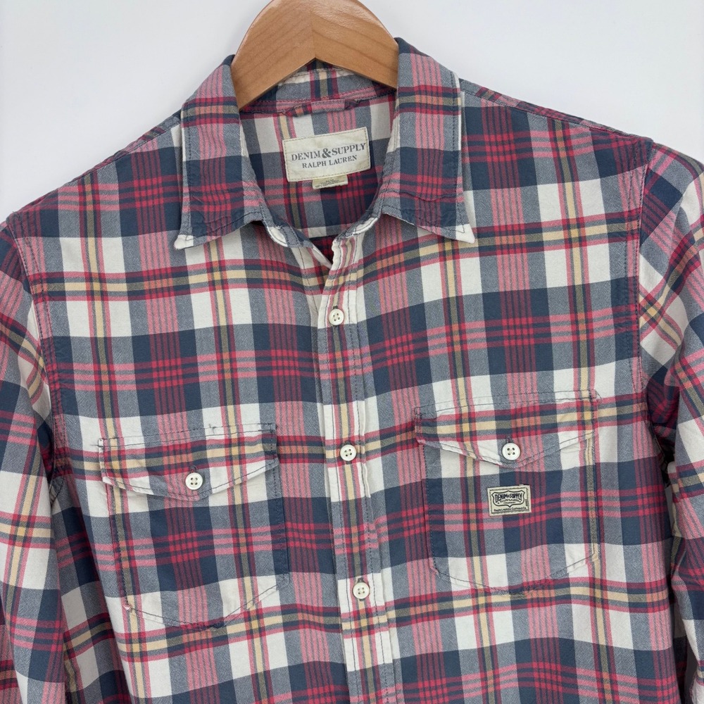 VTG Denim & Supply Ralph Lauren Plaid Work Shirt Mens Medium Red Blue Workwear